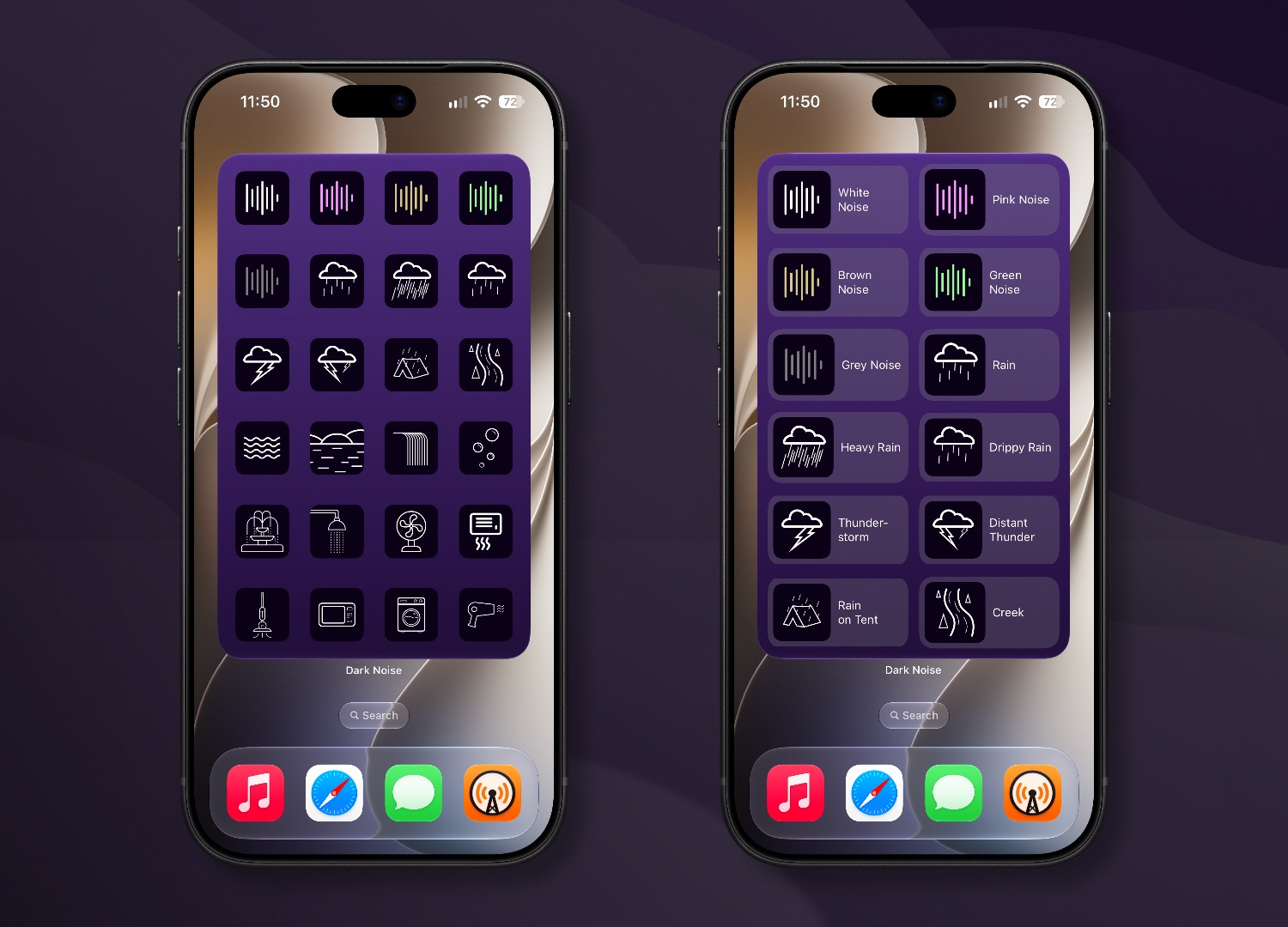 Dark Noise extra large widgets on iPhone, with icon and labeled sound layouts