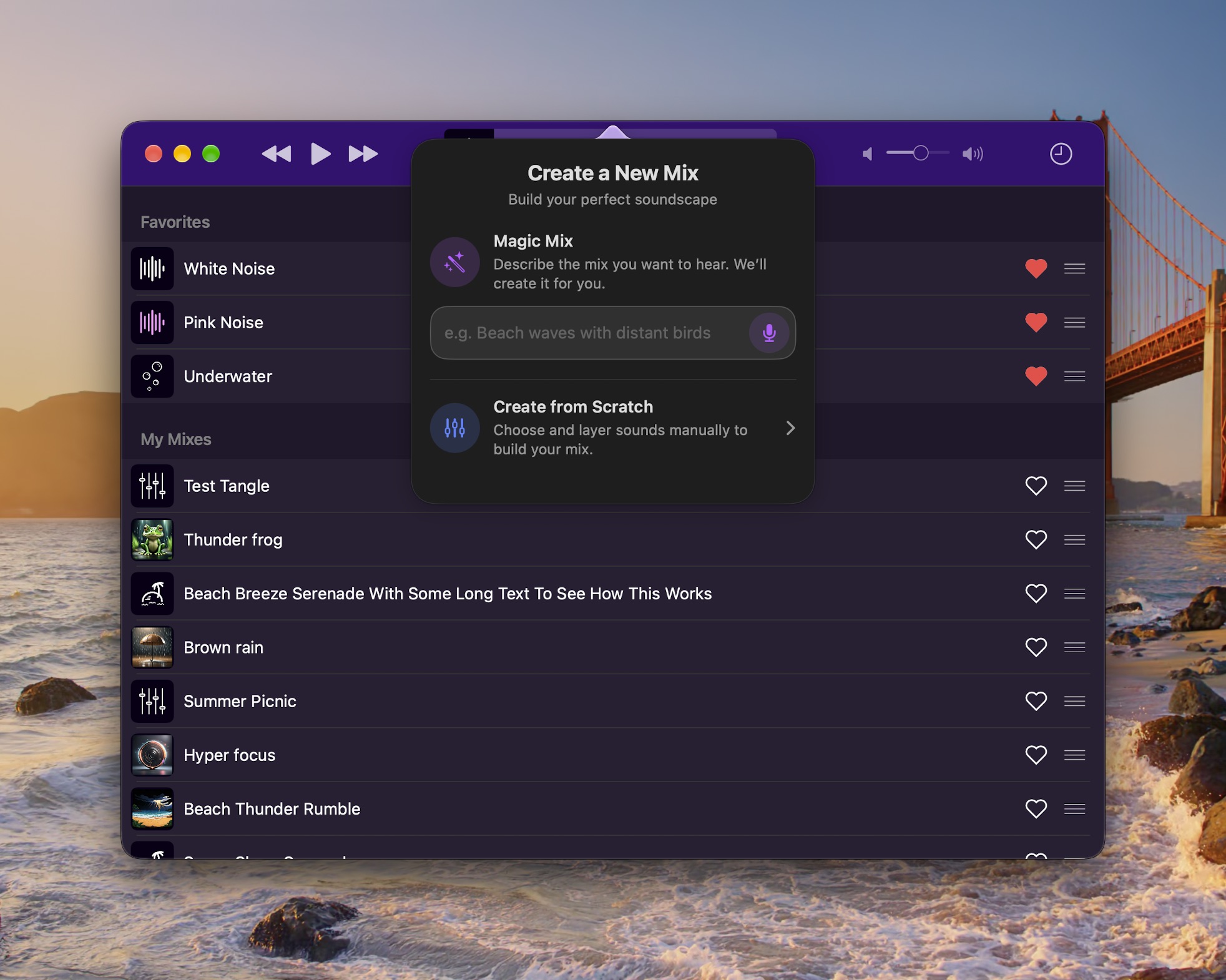 Magic Mix on Mac, with a prompt to describe a soundscape and create a custom mix